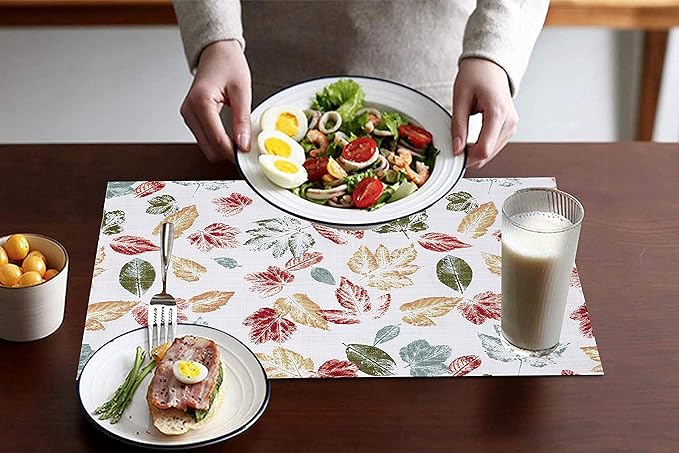 Ruvanti Placemats 100% Cotton 13x19 Inch, Dining Table Placemats Set of 6, Modern Place Mats for Dining Table Decor, Kitchen & Table Linens, Coffee Mat for Christmas Dinners - Stamped Leaves