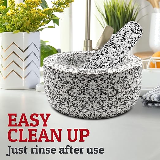 PriorityChef Heavy Duty Natural Granite Mortar and Pestle Set, 1.5 Cup, Carved from Natural Granite, Make Fresh Guacamole, Salsa, Pesto, Stone Grinder Bowl, Herb Crusher, Spice Grinder, White