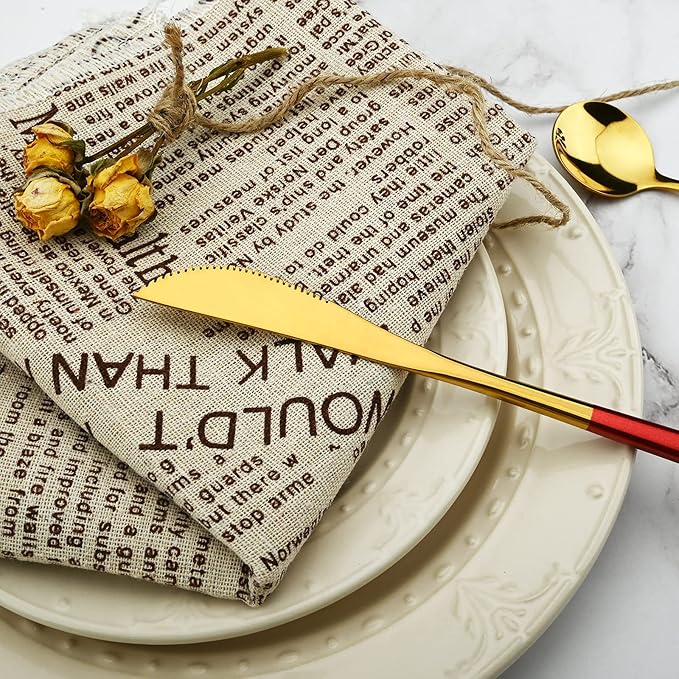 36-Pieces Silverware Mirror Polished Dinnerware Gold Flatware With Red Handle, 18/0 Stainless Steel Cutlery Set For Home Kitchen Party Hotel Restaurant Wedding Service for 6