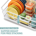 Dish Drying Rack for Kitchen Counter, Large Dish Racks with Drainboard, Kitchen Sink Dish Strainer Rack, Countertop Dish Drainer Rack with Cup & Utensil Holders, Dish Dryer Rack Large Sizw White