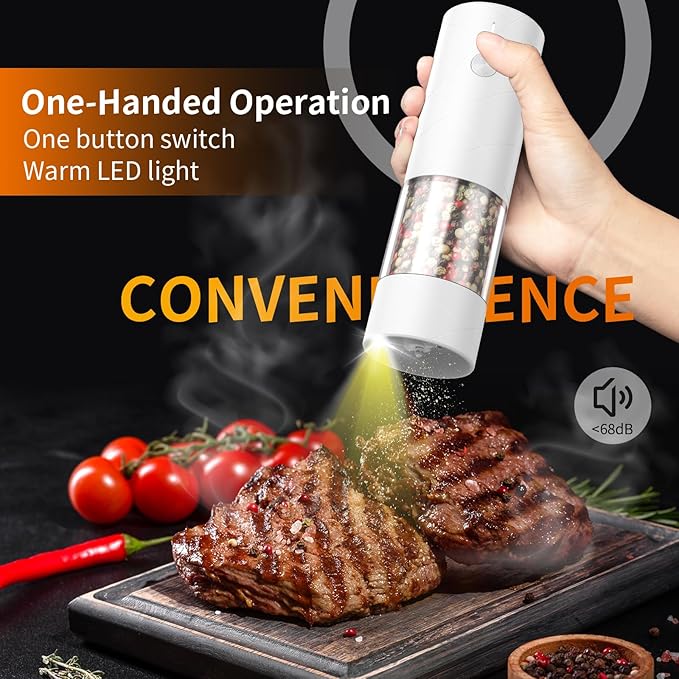 2Pack Electric Salt and Pepper Grinder Set USB Rechargeable with Warm LED Light, Adjustable Coarseness Lidaop Large Capacity Automatic Salt Pepper Mill Grinder for Kitchen, Restaurant, Outdoor, White