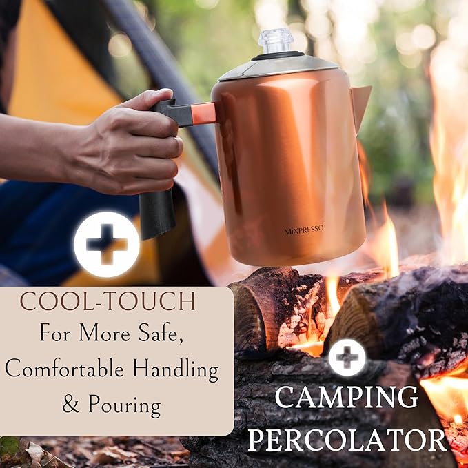 Mixpresso Copper Stainless Steel Coffee Percolator Stovetop, 37oz Classic Percolator Coffee Pot, Great For Camping Pot, 5-8 Cup Stove Top Espresso Maker, Cool-Touch Handle
