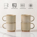 GBHOME 12OZ Stackable Coffee Mugs, Ceramic Coffee Mugs with Texture Patterns for Man,Woman,Dad,Mom, Modern Coffee Mugs Set of 4 for Latte/Cappuccino/Cocoa. Dishwasher&Microwave Safe, Pale Khaki