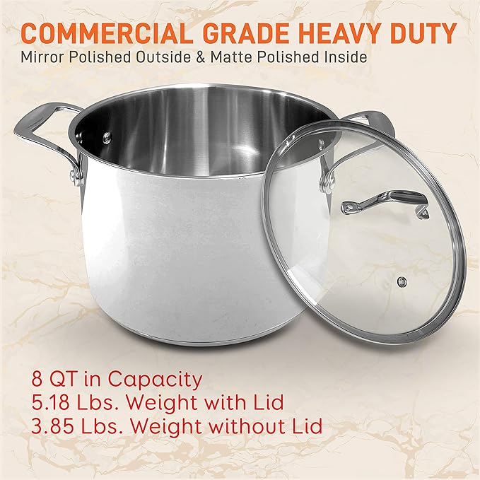 NutriChef 8-Quart Stainless Steel Stock Pot - 18/8 Food Grade Stainless Steel Heavy Duty Induction - Stock Pot, Stew Pot, Simmering Pot with See-Through Lid, Dishwasher Safe - NCSP8