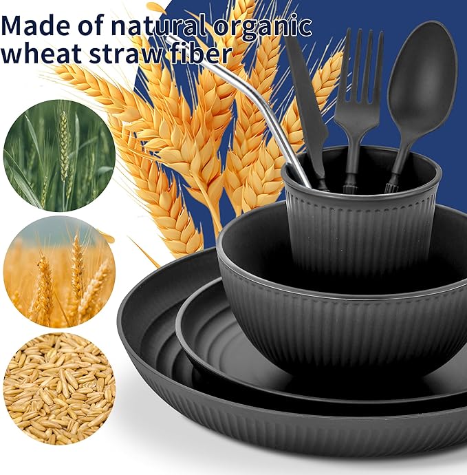 Wheat Straw Dinnerware Sets,56-Piece Black Plates and Bowls Sets for 8-Unbreakable,Reusable Plastic Dish Set-Dinner Plate/Cereal Bowl/Cup/Utensils-Microwavable Dishwasher Safe 56P-Black