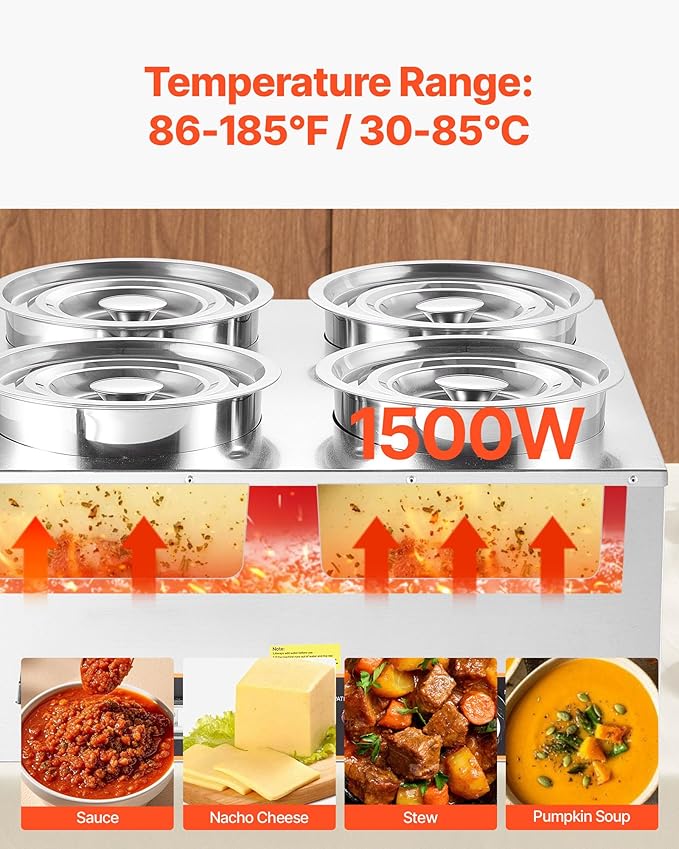 VEVOR Electric Soup Warmer, Four 6.34QT Stainless Steel Round Pot with 86~185°F Adjustable Temp, 1500W Commercial Bain Marie with Anti-Dry Burn and Reset Button, Soup Station for Restaurant, Buffet