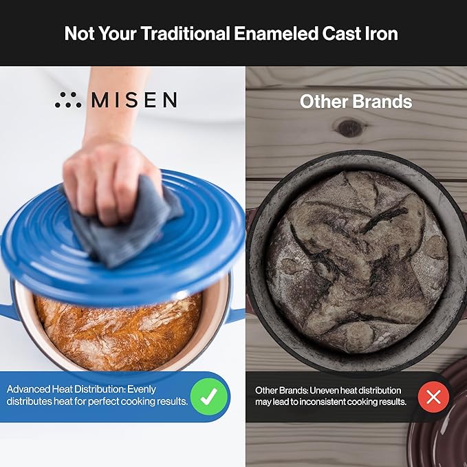 Misen 7 QT Enameled Cast Iron Dutch Oven - Chip-Resistant Enamel Coating - Thick Iron Core For Heat Retention - Large Cooking Surface - Oven Safe, Induction Compatible - Grill and Silicone Lid, Blue