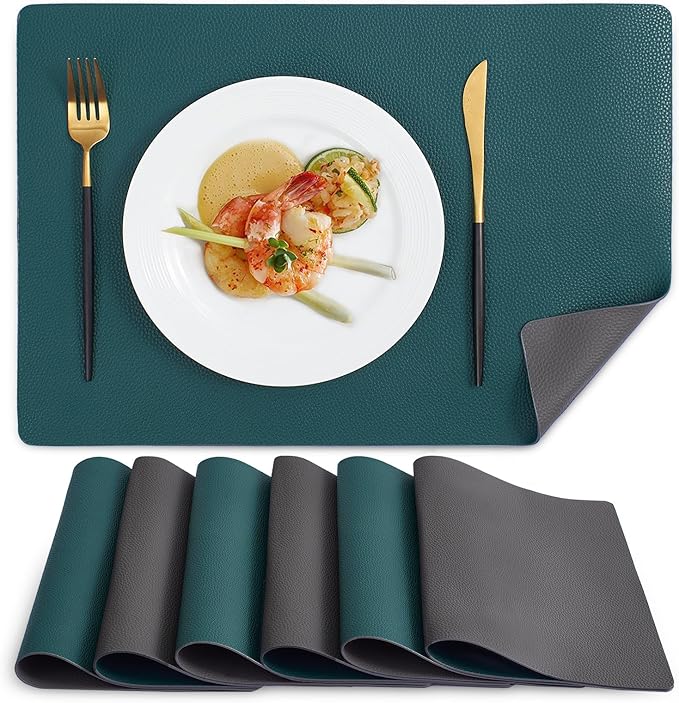MOSAYT Vinyl Placemats Set of 6, Heat Resistant Place Mats 100% Waterproof Washable & Wipeable Faux Leather Reversible Table Mats for Kitchen Dining Party Indoor Outdoor, 12" x 17", Grey/Teal