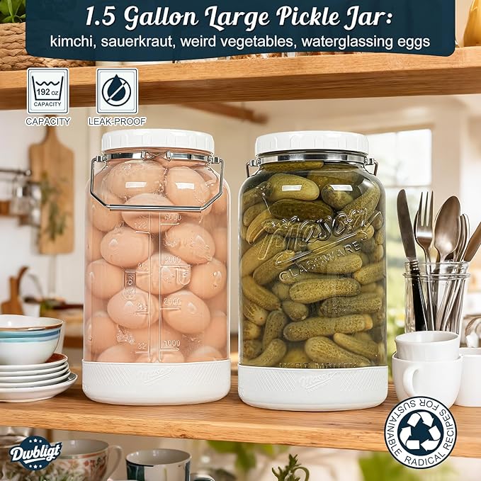 [NEW] 1.5 Gallon Huge Glass Jar with Airtight Lid, Wide Mouth Large Mason Jars for Fermenting, Pickling, Canning, Water Glassing Eggs, Kombucha, and Food Storage – with Handle & Scale Marks(2 Packs)