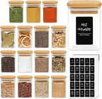 ComSaf 16Pcs Glass Spice Jars with Bamboo Lid, 6oz Airtight Square Containers with 275 Black Lables, Empty Seasoning Jars for Salt Sugar