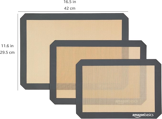 Amazon Basics Rectangular Silicone, Non-Stick, Food Safe Baking Mat, 9"x13", 9.9"x14.8", and 16.5"x11.6", Beige/Gray, Pack of 3