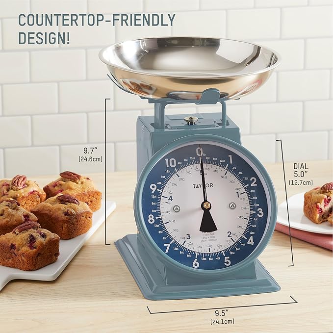 Taylor Mechanical Kitchen Weighing Food Scale with Bowl, Weighs up to 11lbs, Measures in Grams and Ounces, Food Scales for Kitchen, Storm Blue
