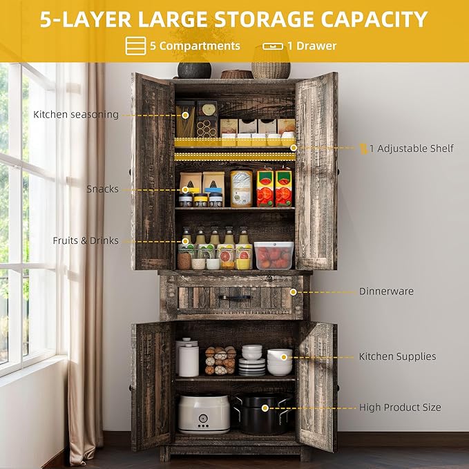 DWVO 72" Tall Farmhouse Pantry Cabinet, Kitchen Storage Pantry with Barn Doors & Drawer, Versatile Organizer with Adjustable Shelves, Rustic Cupboard for Dining Room, Living Room, Dark Rustic Oak