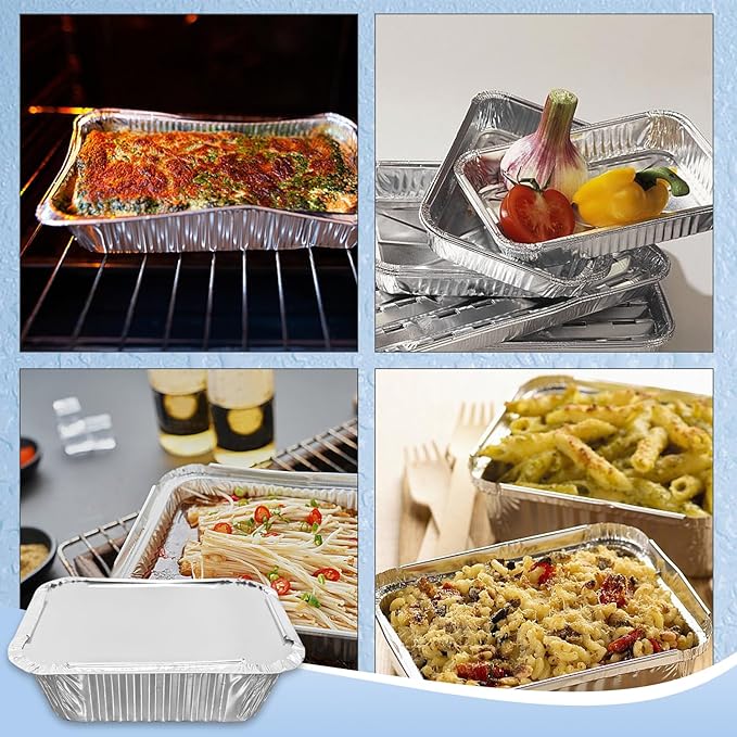 50 Pack 2 lb Disposable Aluminum Foil Pans Meal Prep Take Out Food Containers with Paper Lids for Catering, Baking, Roasting Food, Freezer Safe