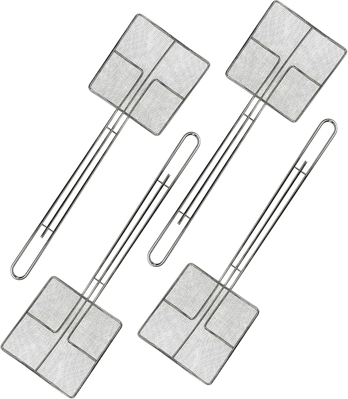 Wire Mesh Strainer with Long Handle | 4-Pack | 6.5" Square Frying Spoon | Stainless Steel | Cooking Oil Strainer for Deep Fryer & Professional Restaurant Use | Commercial Grease Skimmer