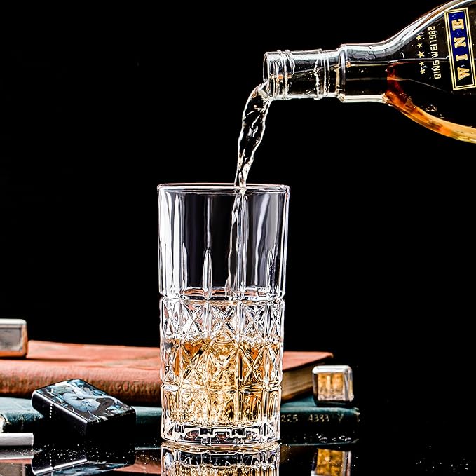 Tall Highball Glasses Set of 6, 14 Ounce Cups, Textured Designer Glassware for Drinking Water, Beer, or Soda, Trendy and Elegant Dishware, Dishwasher Safe