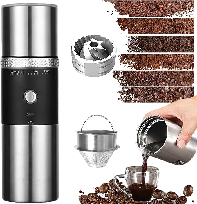 Portable Burr Coffee Grinder, Electric Rechargeable Adjustable Burr Mill Machine with Conical Ceramic, Suitable for Travel,Camping,Office, Espresso (Black)