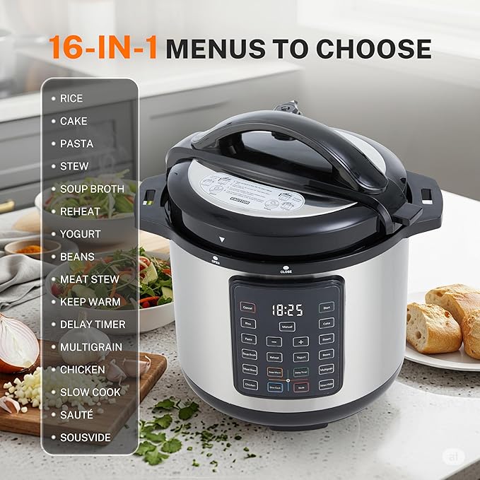 Simple Deluxe 16-in-1 Electric Pressure Cooker, 8QT Stainless Steel & Non-Stick Multi Cooker for Slow Cook, Meat Stew, Cake, Porridge, Multigrain, Dishwasher Safe, Silver