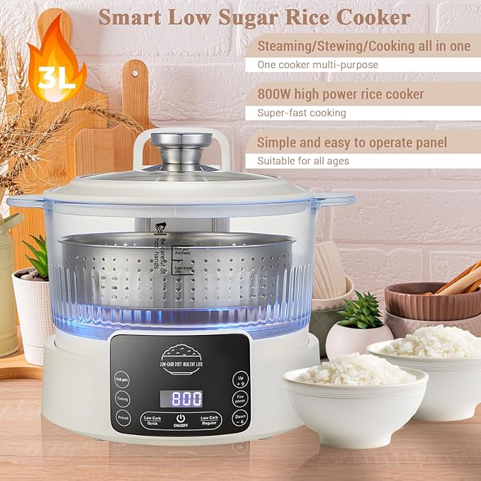 Low Carb Rice Cooker with Reservable-Timable,Low Sugar Multi Functional 3L &2 Cups for Starch Removing Glass Cooker,110v Maximum Power 800w Multi Functional Maker,Liftable Filter Basket (Beige)