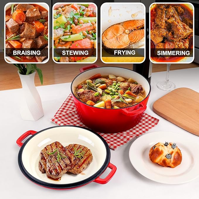 P&P CHEF 5Qt Dutch Oven Pot for Bread Baking (Red), 2 In 1 Round Cast Iron Dutch Oven with Lid Set, Skillet & Pot for Roasting Braising Stewing Frying Simmering, Multi Stoves & Oven Safe