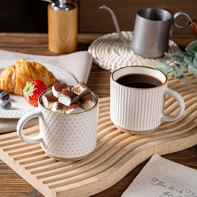 GBHOME 6OZ Stackable Coffee Mugs, Ceramic Coffee Mugs with Texture Patterns for Man,Woman,Dad,Mom, Modern Coffee Cups Set of 4 for Espresso/Cappuccino. Dishwasher&Microwave Safe