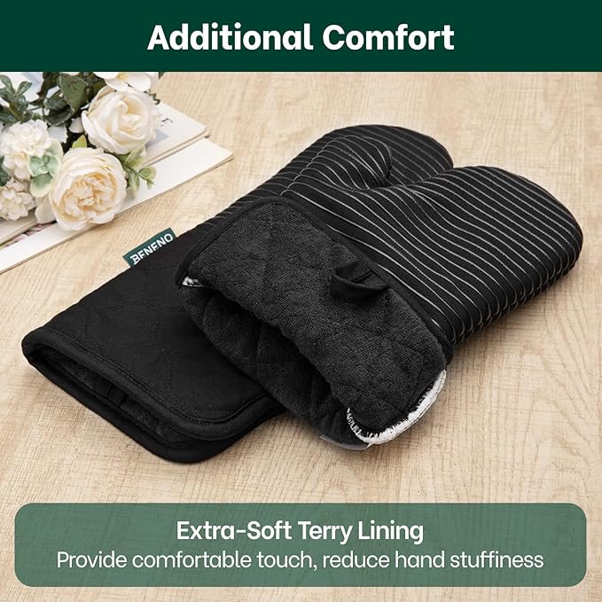 Beneno Kitchen Oven Mitts 2-Pack Heat Resistant to 500°F with Non-Slip Silicone Grip, Extra Long 14.3" Forearm Protection, Soft Quilted Cotton Terry Lining, Ideal for Cooking, Baking, Grilling, Black