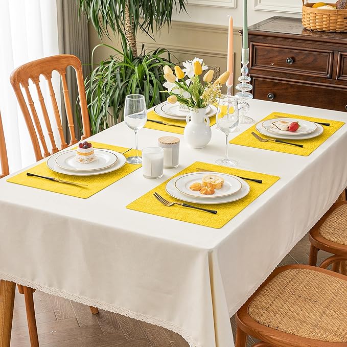 Romanstile Vinyl Placemats Set of 6-12 X 18 Inch - Heat Resistant Place Mats 100% Waterproof Oilproof Wipeable Reversible Faux Leather Table Mats for Kitchen/Dining/Party/Outdoor, Yellow