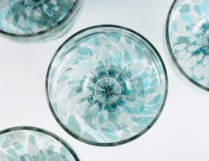 16 oz Hand Blown Mexican Margarita Glasses Set of 2 - Ocean Blue Confetti