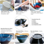 Large Salad Soup Ramen Serving Bowls, 71 OZ Ceramic Japanese Ramen Noodle Bowls with Chopsticks, Spoons and Rests - Super Big Bowl Sets for Udon, Pho, Pasta, Cereal, Set of 2 - Reactive Blue