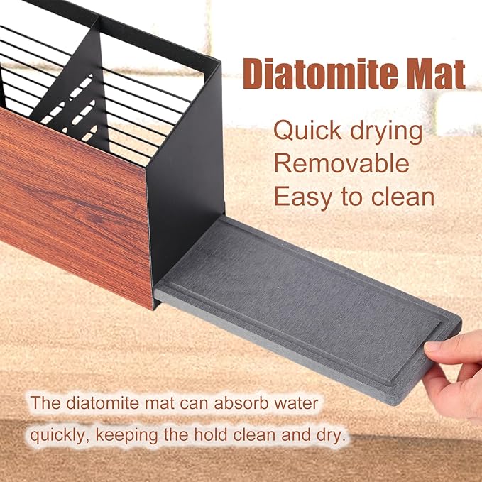 Utensil Holder Large Iron Flatware Container with 3 Compartments Countertop Wall-mounted Kitchen Utensil Storage (Black)