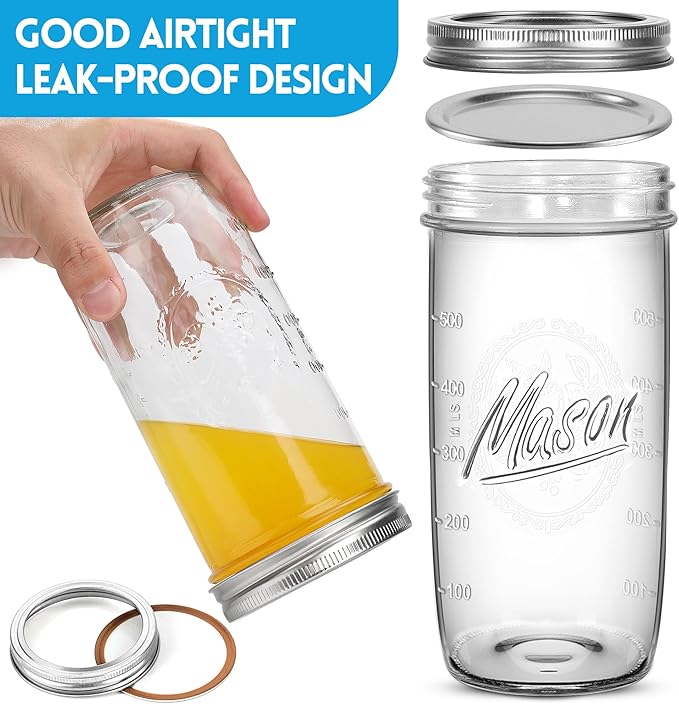 Mason Jars Wide Mouth 24oz, 10 pack Glass Pickle Canning Jars Food Storage With Airtight Mason Jar lids and Bands for Canning, Preserving, Fermenting, Pickling for Microwave/Freezer/Dishwasher