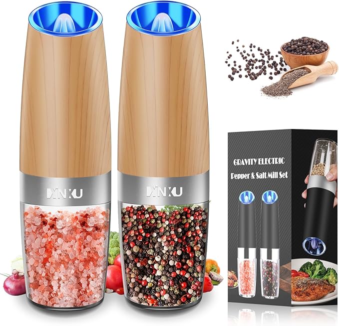 XinXu Gravity Electric Salt and Pepper Grinder Set, Automatic Mill Grinder Shaker,Battery-Operated, Adjustable Coarseness, Stainless Steel, LED Light, One Hand Operated,Wood Grain