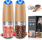 XinXu Gravity Electric Salt and Pepper Grinder Set, Automatic Mill Grinder Shaker,Battery-Operated, Adjustable Coarseness, Stainless Steel, LED Light, One Hand Operated,Wood Grain