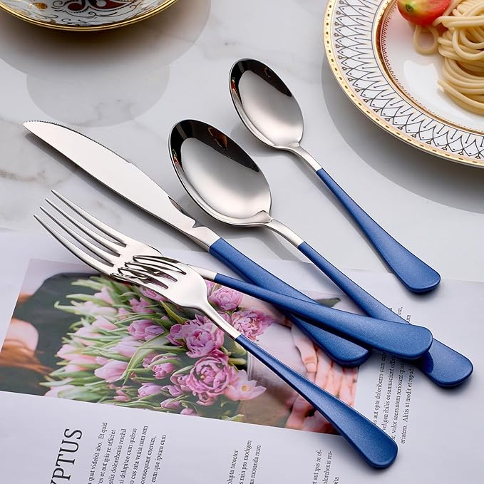 Colorful Silverware Set 20 Piece 18/0 Stainless Steel Flatware Sapphire Blue Handle Cutlery Set Service for 4 Fork Knife Spoon Set Mirror Finish Dishwasher Safe