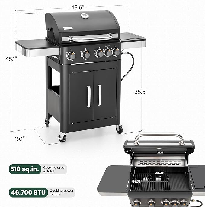 2 in 1 Propane Gas BBQ Grill with Side Burner & Porcelain-Enameled Cast Iron Grate, 4-Burner Flat Top Griddle, 46,700 BTU Outdoor Barbecue Propane Griddle Grill Combo for Camping, Patio, Backyard