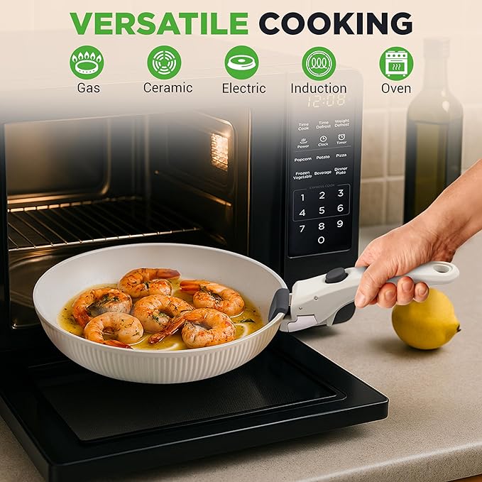 NutriChef 18-Piece Ceramic Cookware Set with Detachable Handles, Non Stick Pots and Pans, PTFE-Free Natural Ceramic Coating, Space-Saving Design, Oven & Stove Safe, Includes Utensils, Cream