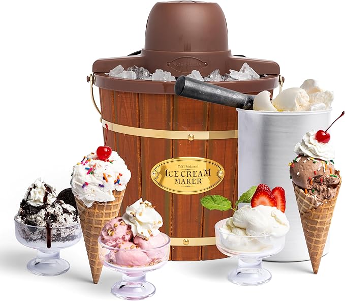 Nostalgia Electric Ice Cream Maker - Old Fashioned Soft Serve Ice Cream Machine Makes Frozen Yogurt or Gelato in Minutes - Fun Kitchen Appliance - Vintage Wooden Style - Dark Wood - 4 Quart