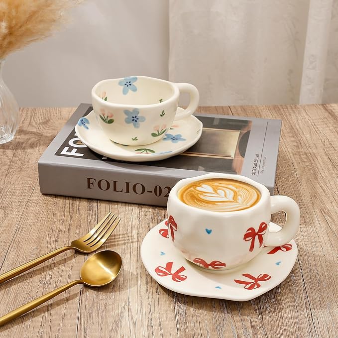 Koythin Ceramic Coffee Mug with Saucer Set, Cute Red Big Bow Cup Unique for Office and Home, 10 oz/300 ml for Latte Tea Milk