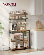 VASAGLE Bakers Rack with Power Outlet, 35.4 Inches Microwave Stand, Coffee Bar, 4 AC Outlets, with Adjustable Shelves, 8 S-Hooks, Basket, Spice Racks, Rustic Brown and Ink Black UKKS031K01