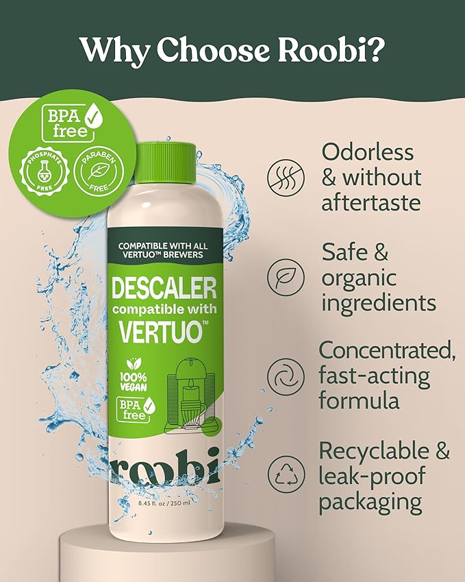 Nespresso Vertuo Compatible Descaling Solution. Eco-Friendly Formula to Clean & Descale Your Nespresso Vertuoline Machine. 2 Uses per Bottle, 2 Pack. Carbon Neutral Vertuo Descaling Kit.