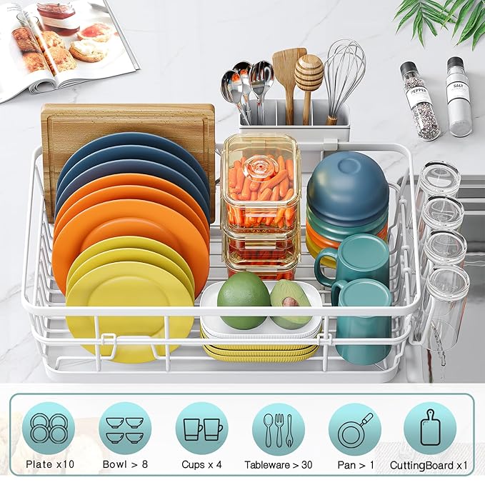 Dish Drying Rack for Kitchen Counter, Large Dish Racks with Drainboard, Kitchen Sink Dish Strainer Rack, Countertop Dish Drainer Rack with Cup & Utensil Holders, Dish Dryer Rack Large Sizw White