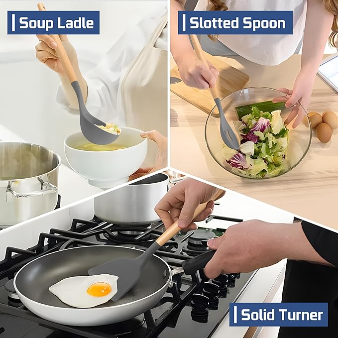 TeamFar Kitchen Utensils Set of 6, Silicone Cooking Utensils with Wooden Handles, Non-stick Cookware Tools for Cooking/Serving/Turning/Mixing, Healthy & Heat-Proof, Dark Gray
