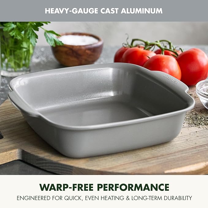 GreenPan Premiere Ovenware Healthy Ceramic Nonstick 8" Square Cake Baking Pan, Cast Aluminum Bakeware, Warp-Free, Oven and Broiler safe to 600F, Dishwasher Safe, PFAS-Free, Gray