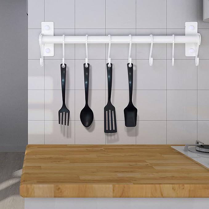 Dseap Kitchen Utensil Holder Hanger, Pot and Pan Rack Wall Mounted, Kitchen Rail with 8 Hooks for Hanging Cooking Utensils, Mugs, Spoons, Wall Mounted, White