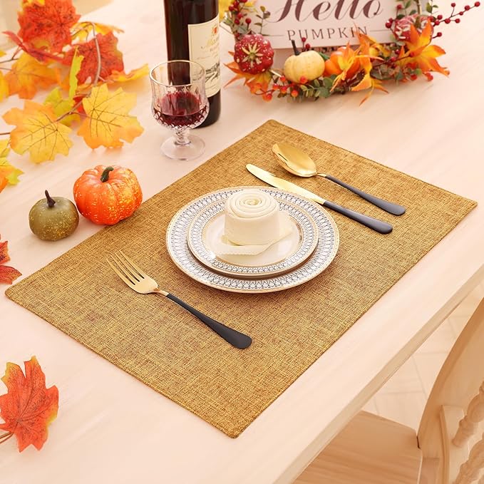 Homaxy Cloths Placemats for Dining Table Set of 8, Heat Resistant Washable Cotton Linen Blend Table Mats, Ideal for Kitchen Party Dining Decoration, 13" x 19", Amber