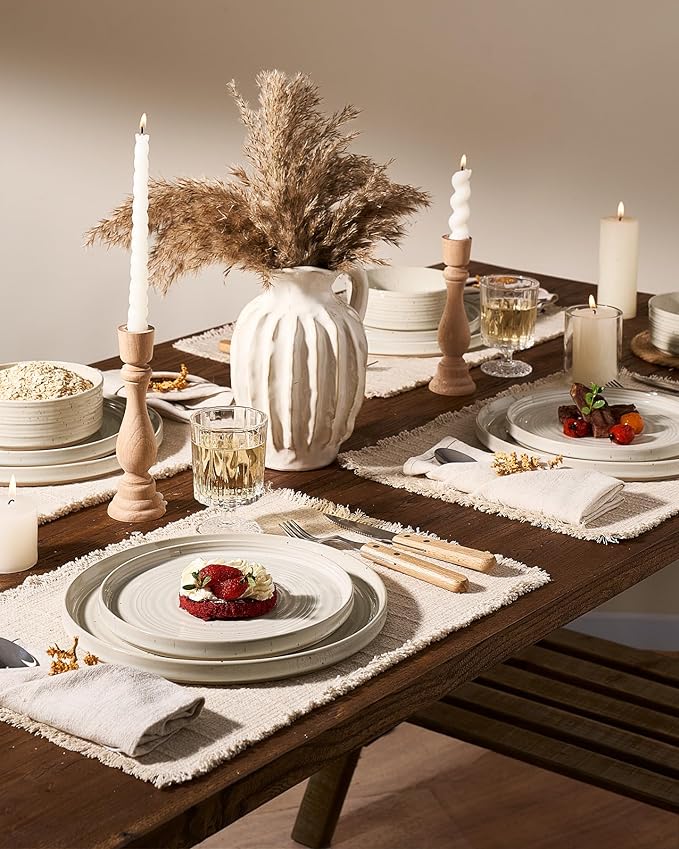 Plates and Bowls Sets for 6, Famiware Premium 18-Piece Stoneware Dinnerware Set, Spiral Dish Set with Straight Rim, Speckles & Reactive Glaze - Microwave & Dishwasher Safe Tableware, Shell Beige