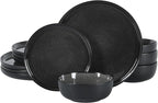Gibson Elite Tahoe Sunset 12 Piece Stoneware Reactive Glaze (Service for 4) Ceramic Plates and Bowls Dinnerware Set - Black