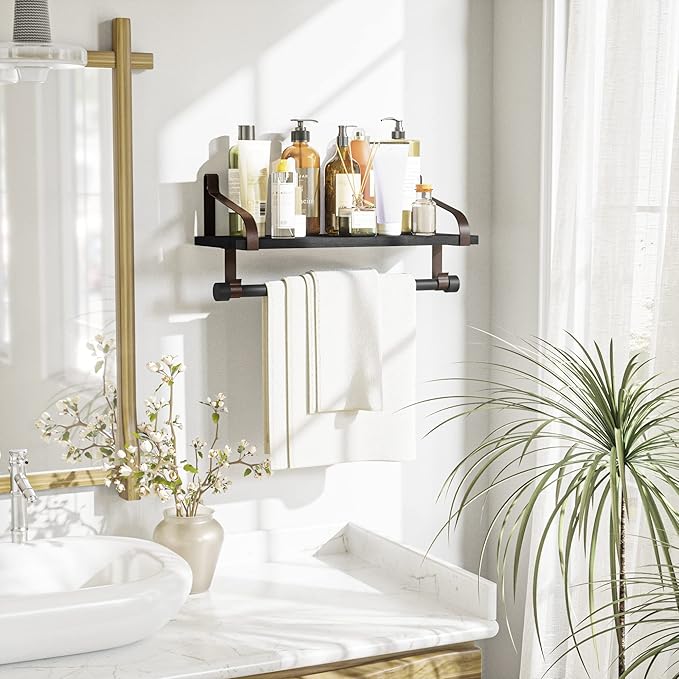 Love-KANKEI Floating Shelf Wall Shelf for Storage Rustic Wood Kitchen Spice Rack with Towel Bar and 8 Removable Hooks for Organize Cooking Utensils or Mugs Black/Brown Brackets