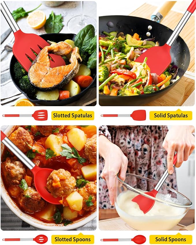 Pack of 4 Silicone Cooking Utensils Set, Non Stick Large Solid Spatulas, Heat Resistant Slotted Spoons, Ideal BPA Free Kitchen Turners for Frying, Mixing,Serving,Draining,Turning,Stirring (RED)