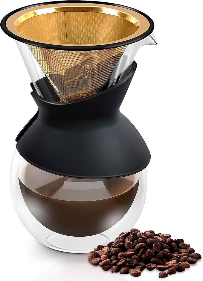 Compatible with Hario V60, Chemex Pour Over Coffee Filter - Wide Metal Base Reusable Stainless Steel Coffee Dripper - Paperless Coffee Filter for Sustainable Brewing